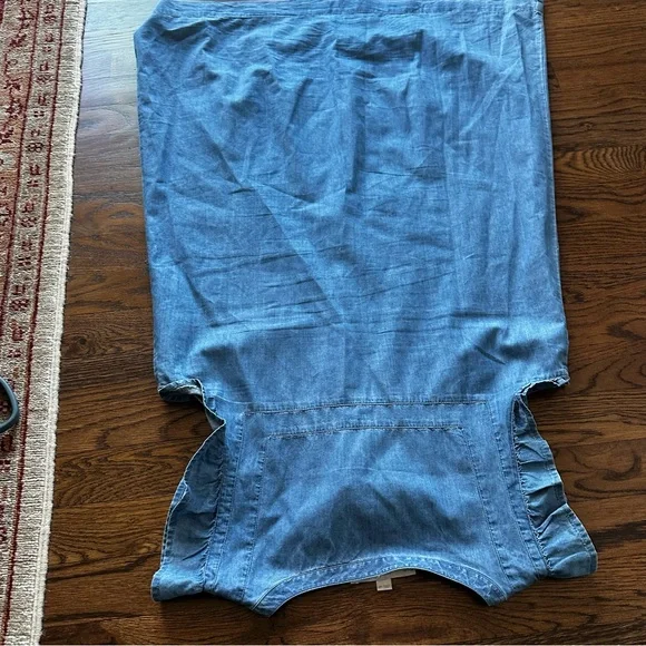 LOFT Blue Denim Chambray Mini Summer Shift Dress with ruffle sleeves & tassels - Picture 9 of 16